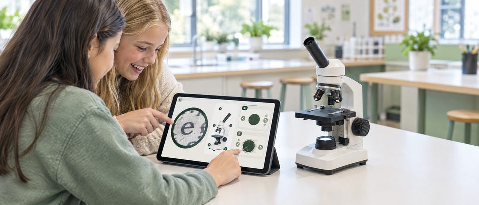 Zwei Schülerinnen arbeiten am Tablet mit dem Mikroskopführerschein, daneben steht ein Mikroskop.